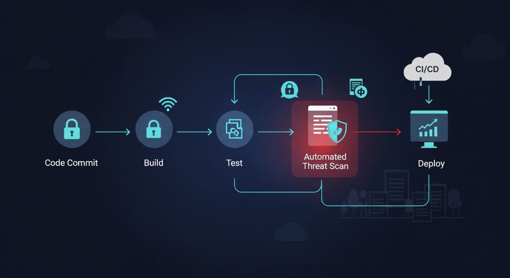 CI/CD pipeline with “Automated Threat Scan” steps highlighted.