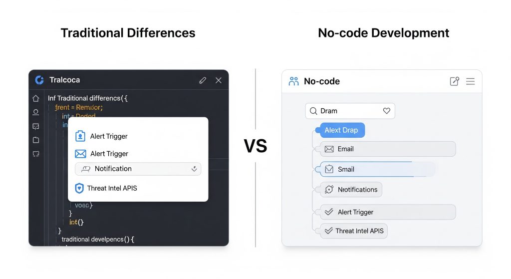 Image showing a side-by-side comparison:

Left side: Traditional coding screen

Right side: Drag-and-drop interface of a no-code tool
(Use icons of alert triggers, email notifications, threat intel APIs)