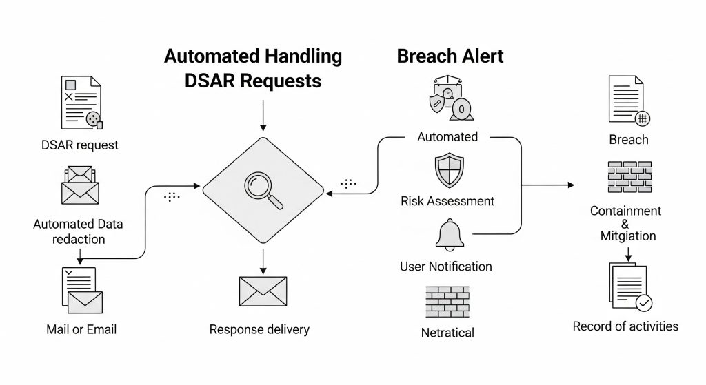🔐 Flowchart showing automated handling of DSAR requests and breach alerts.