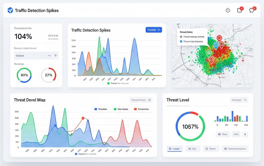 A dashboard with spikes in traffic detection and threat map visualization.