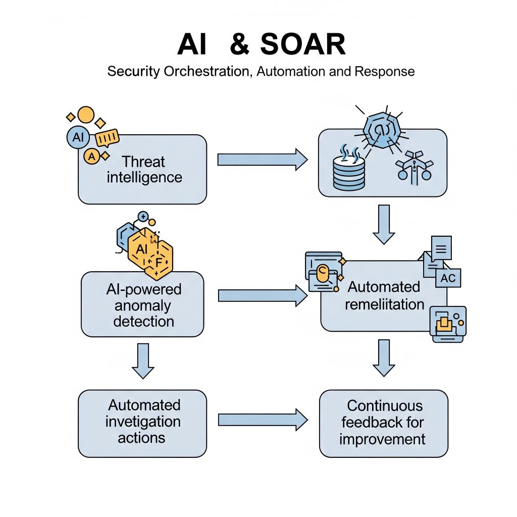 Workflow chart of AI + SOAR integration with arrows showing automation cycles.