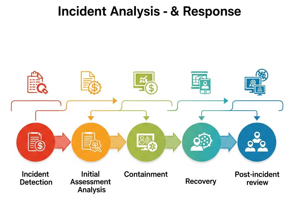 Workflow diagram showing incident → analysis → response.