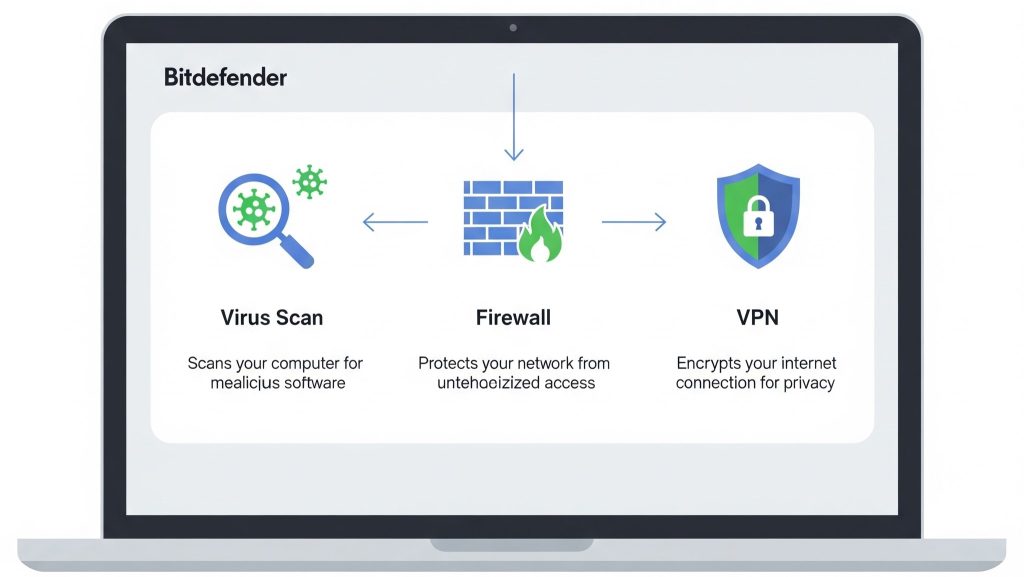 Laptop with Bitdefender dashboard on-screen.