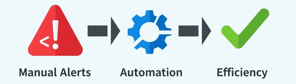 Flowchart image: manual alerts → automation → efficiency (icons: alert, clock, gear)