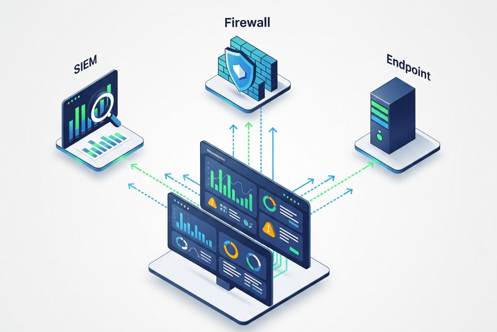 Tech-style illustration showing SIEM, Firewall, Endpoint connected to central dashboard