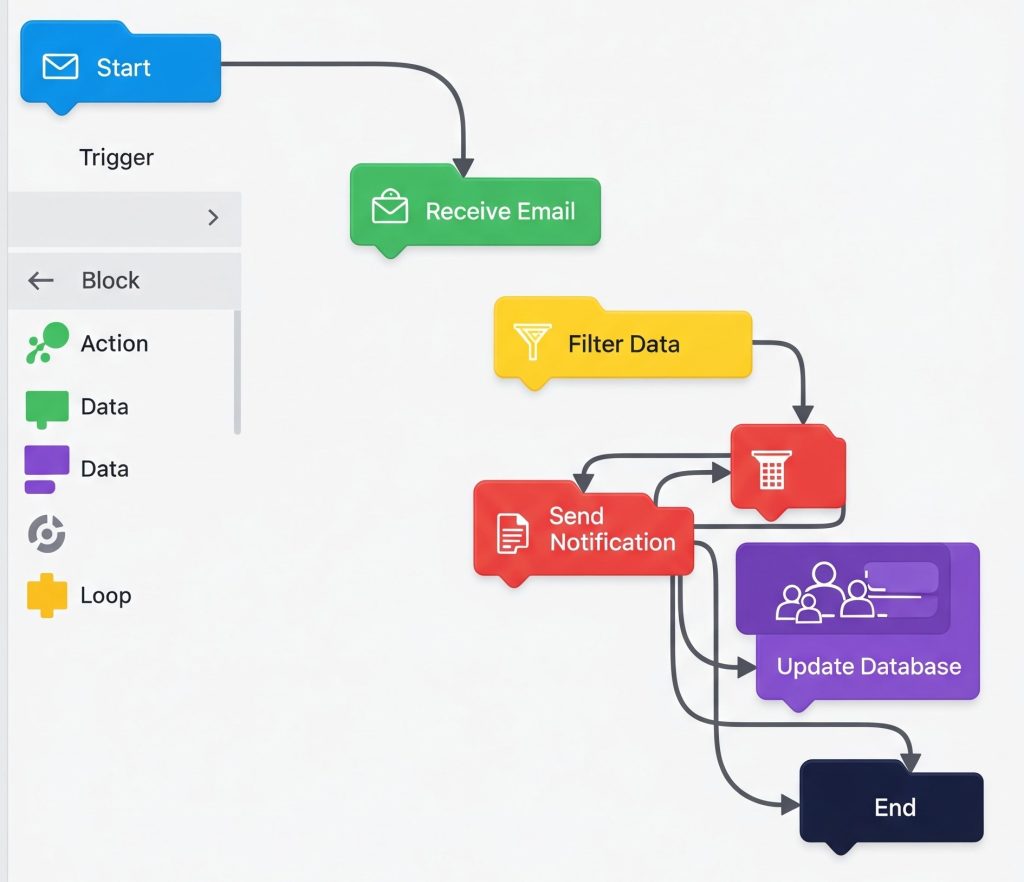 Drag-and-drop builder screenshot mockup or illustration with flow arrows