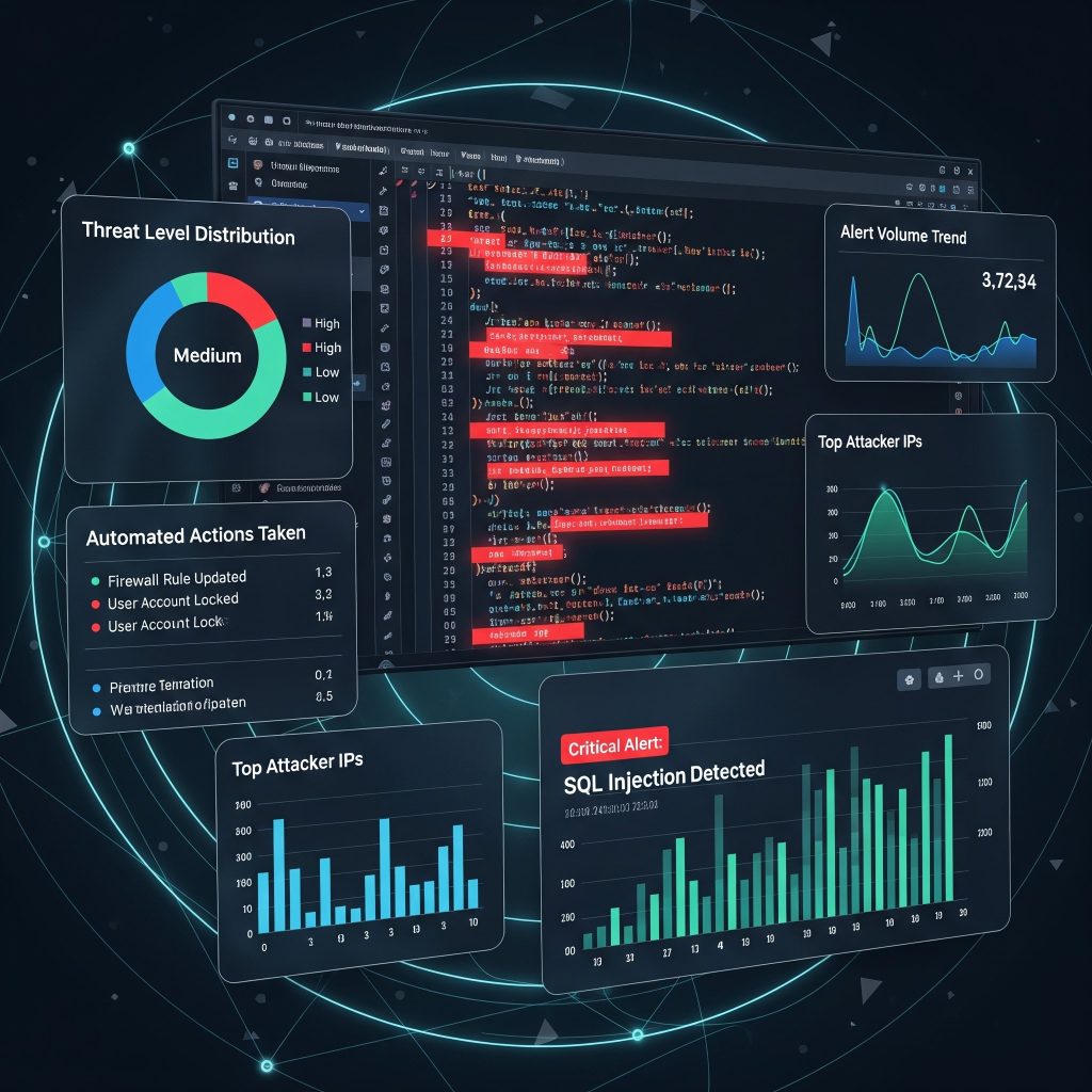 SIEM system dashboard or AI scanning code	Represents automation spotting errors