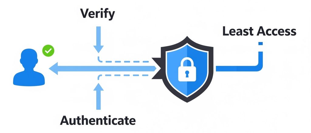 Shield icon with "Verify," "Authenticate," "Least Access" text bubbles
Design: Minimalistic infographic with 3 bullets