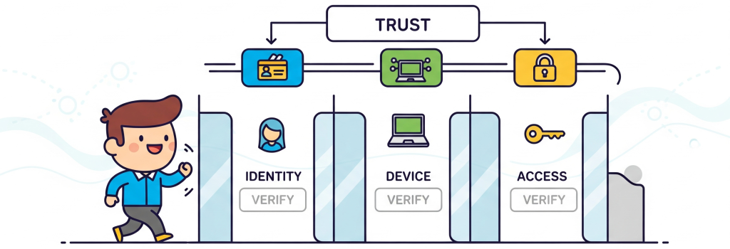 Principles Section – Infographic with 4 core Zero Trust pillars (Least Privilege, Continuous Verification, etc.).