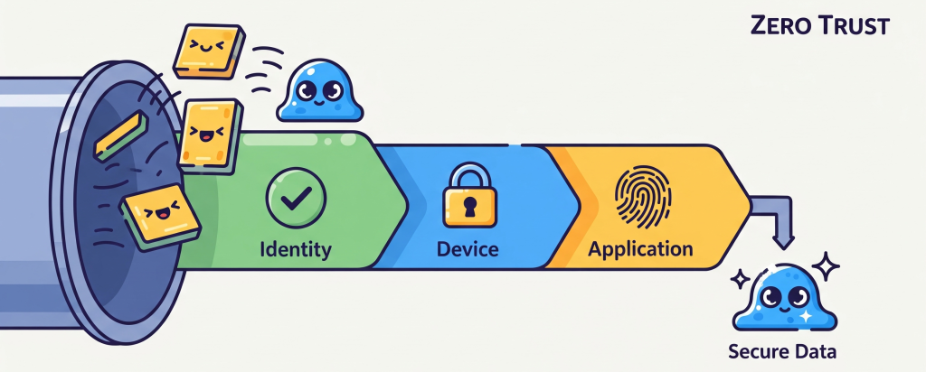 Zero Trust: A network diagram showing layers with “Verify” icons.