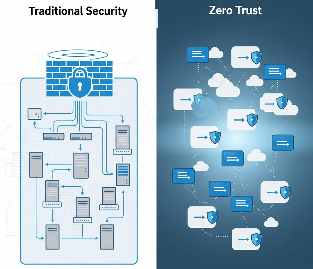 Traditional vs. Zero Trust Security
Visual: Side-by-side comparison
Left: Castle-and-moat style (Old model)
Right: Network nodes + ID checkpoints (Zero Trust)