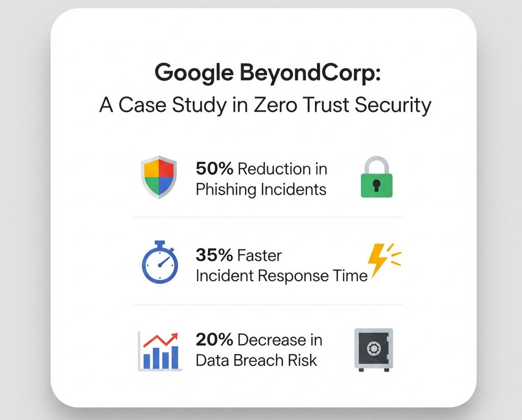 Mock logo (Google BeyondCorp) + security stats
Style: Case study box with % improvements