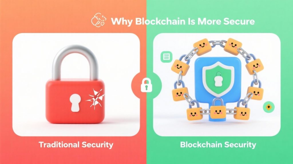 Blockchain lock symbolizing data protection.