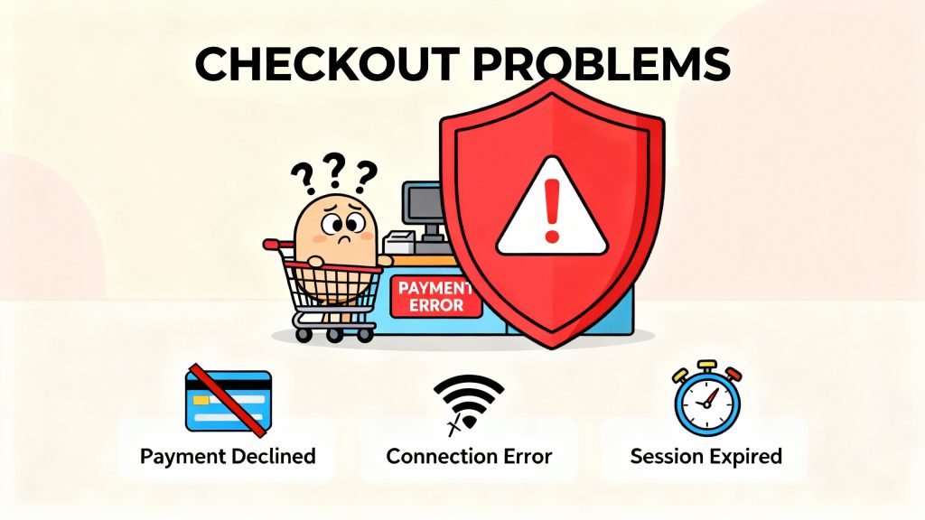 Crashed e-commerce site with warning alert sign