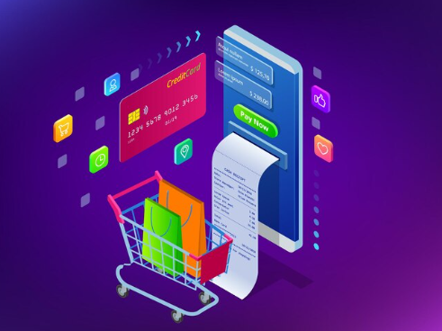 Futuristic e-commerce platform protected by cybersecurity shield