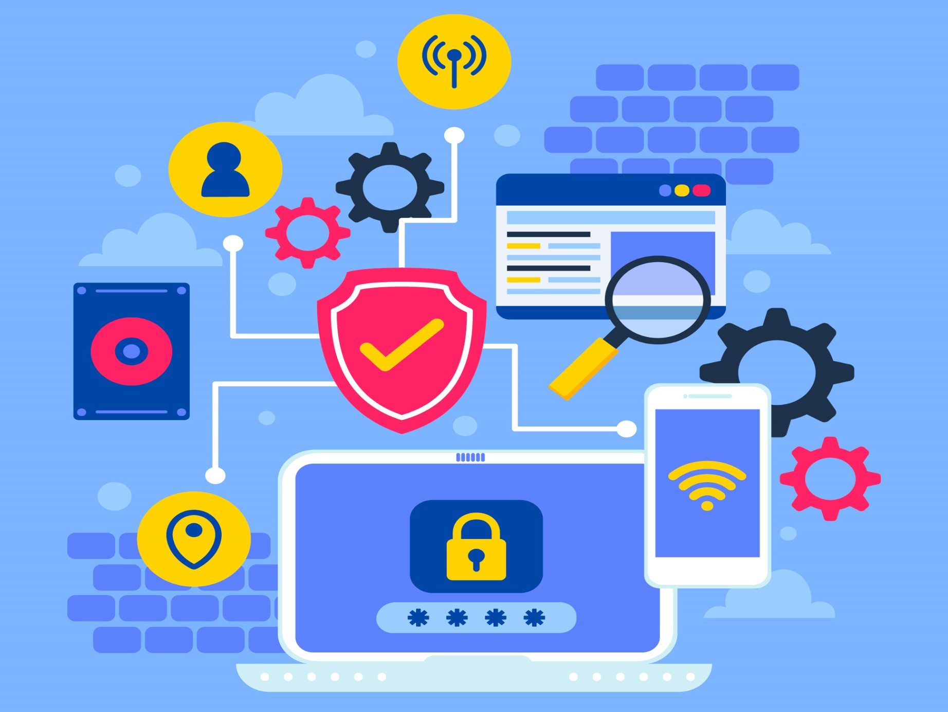 Digital shield representing cybersecurity and global data protection.