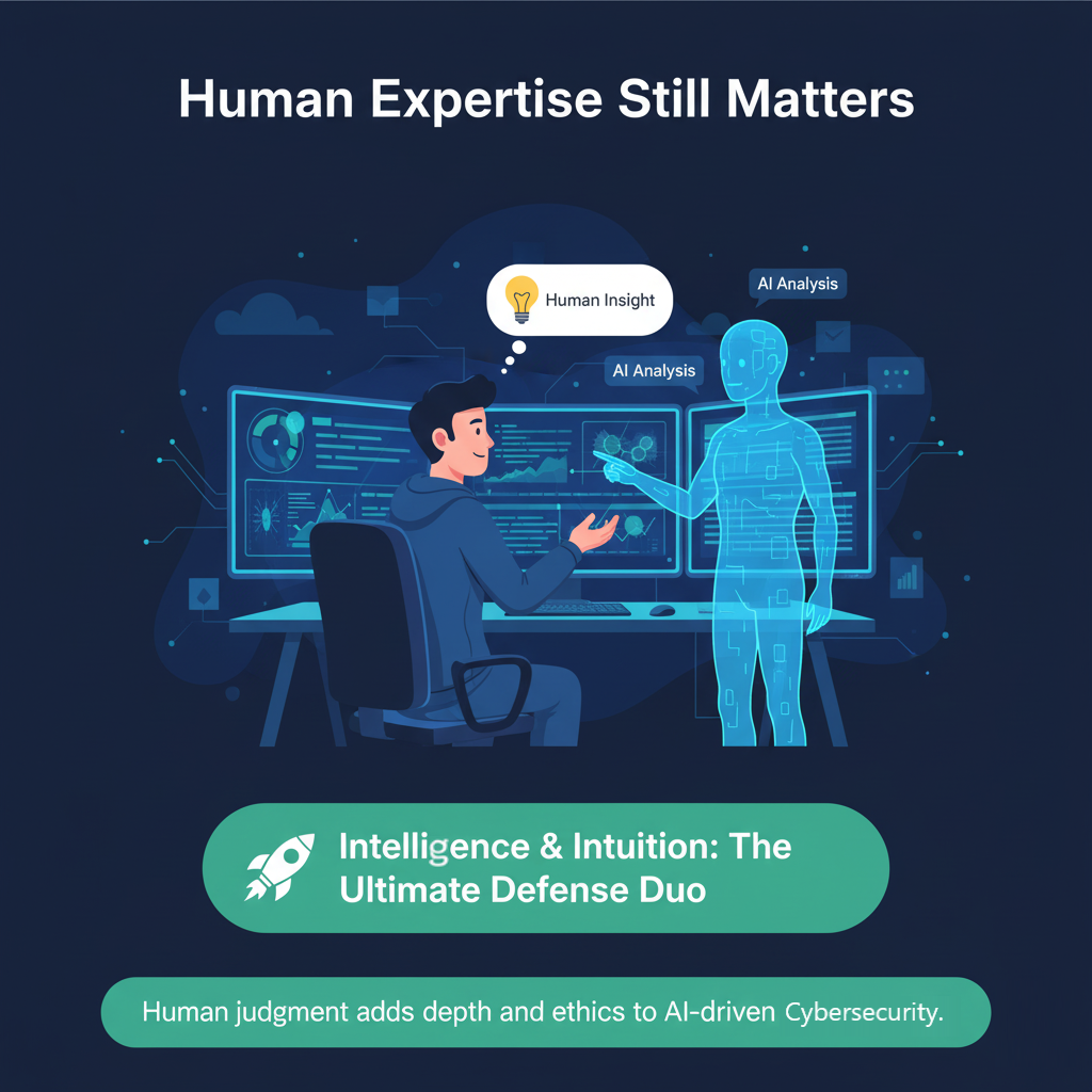 Human cybersecurity expert collaborating with AI assistant.
