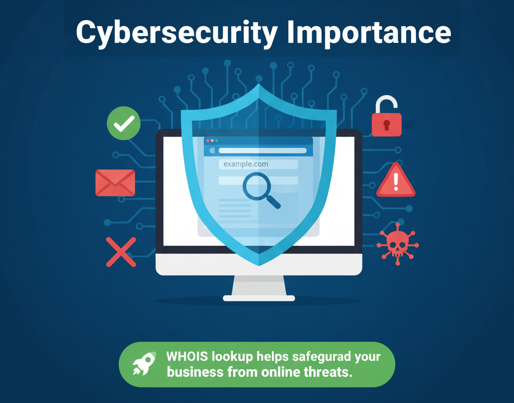 Cybersecurity illustration showing domain protection with WHOIS lookup