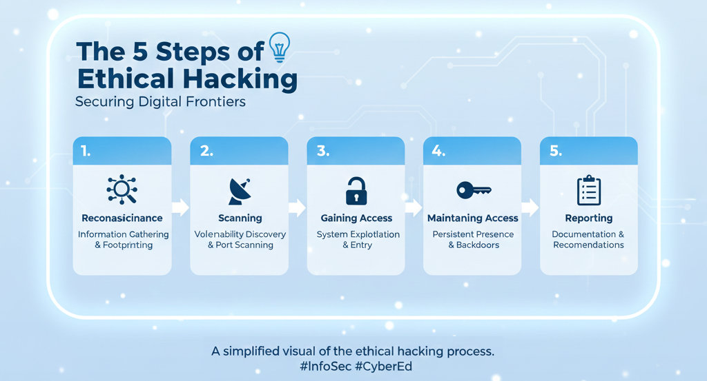 Ethical hacking phases visual infographic.