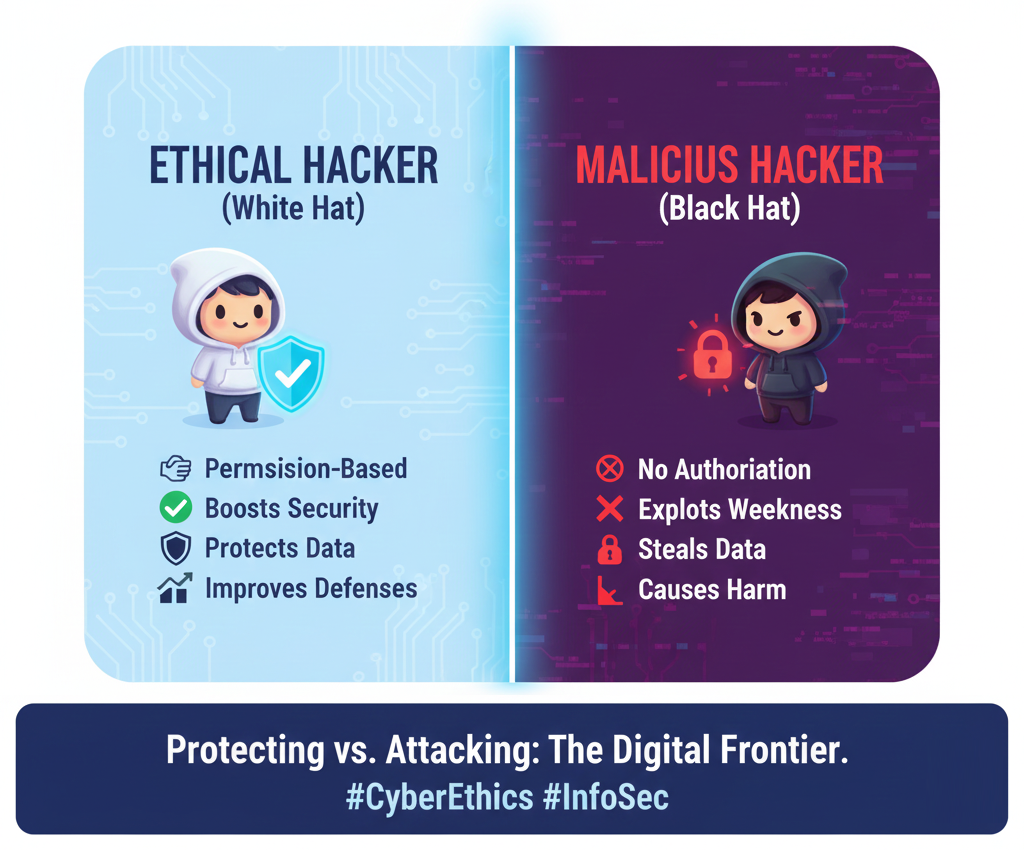 Comparison between ethical and malicious hackers.