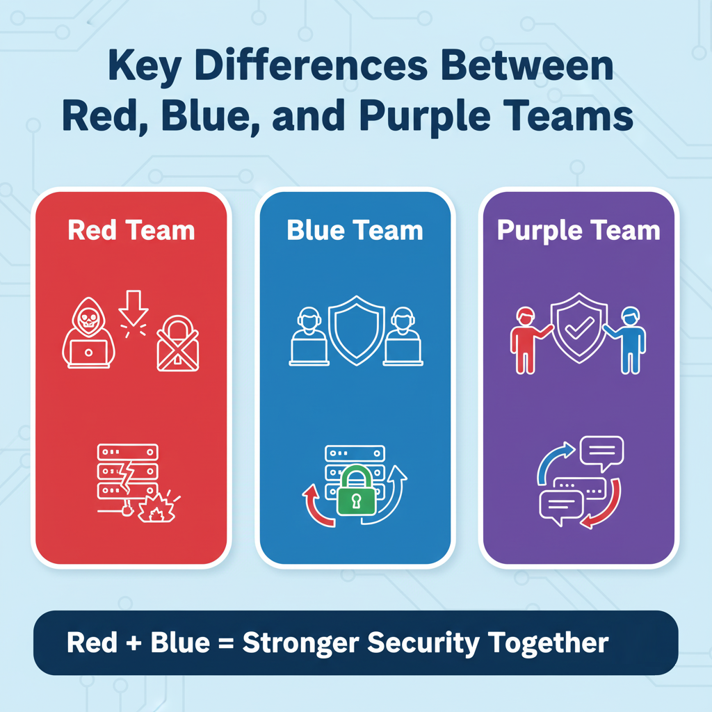 Infographic comparing roles of Red, Blue, and Purple Teams.