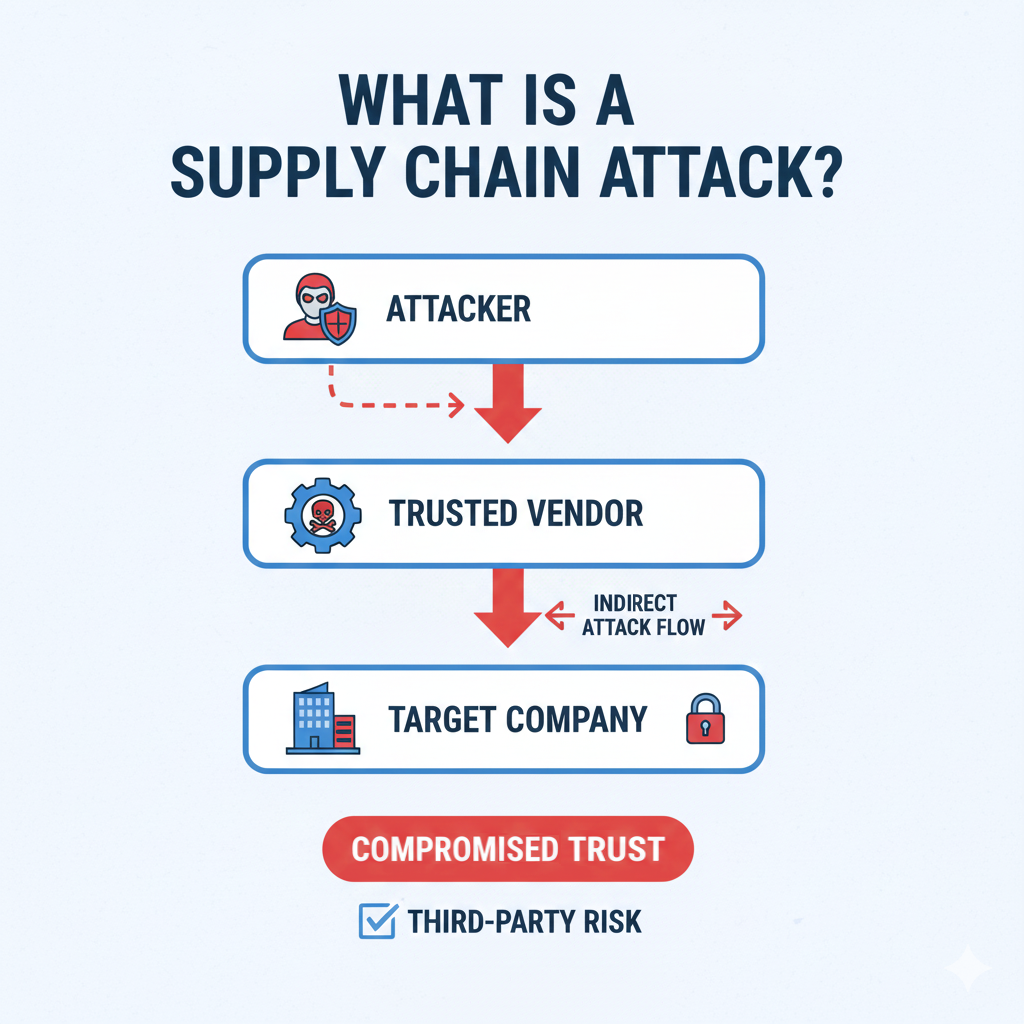 SolarWinds supply chain attack showing malware delivered through trusted software updates.