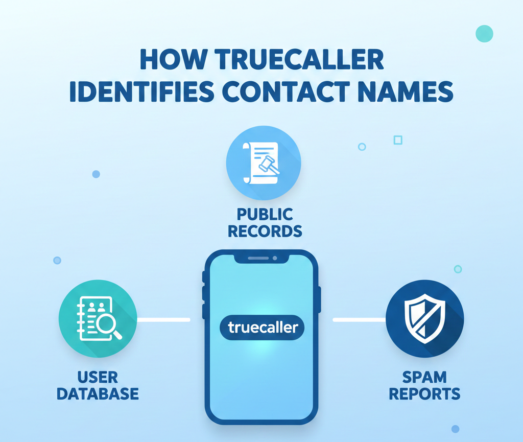 Visual explanation of how Truecaller identifies contact names using database and reports