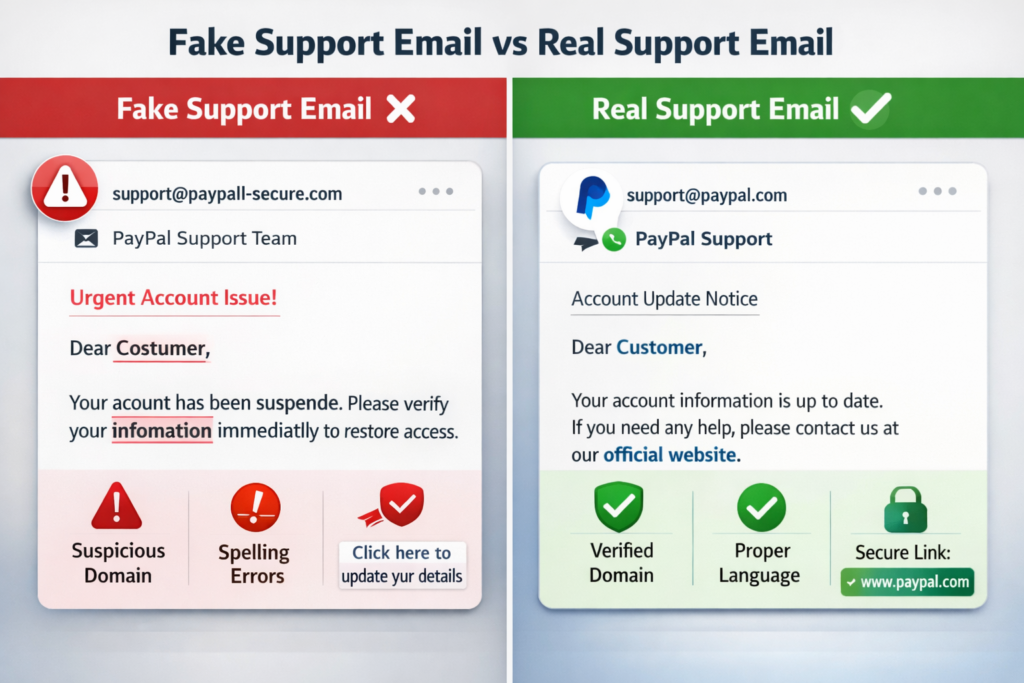 Fake versus real support email comparison illustration