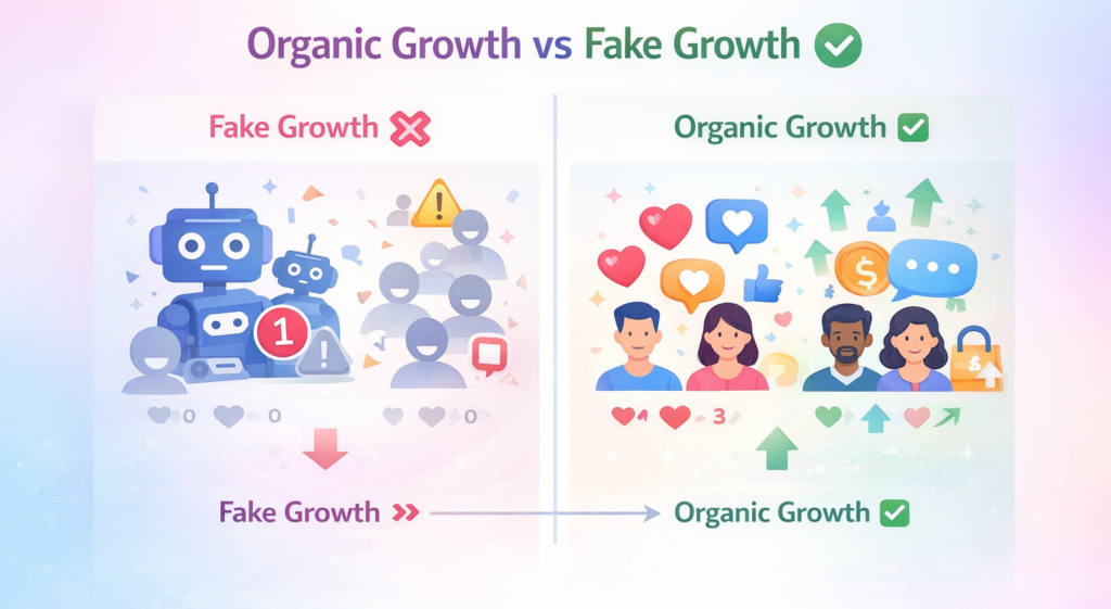 Comparison between fake Instagram growth and organic real growth