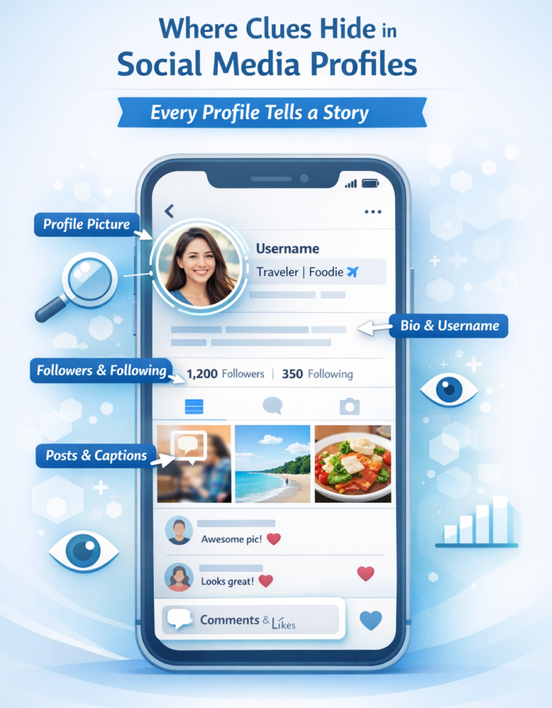 Visual guide showing where clues are found in social media profiles
