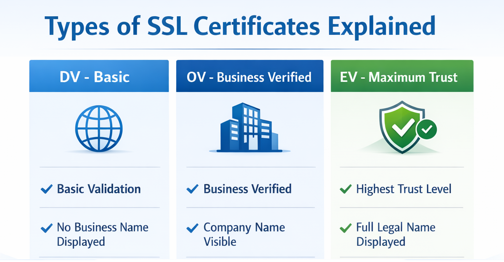 Infographic comparison of DV, OV, and EV SSL certificates