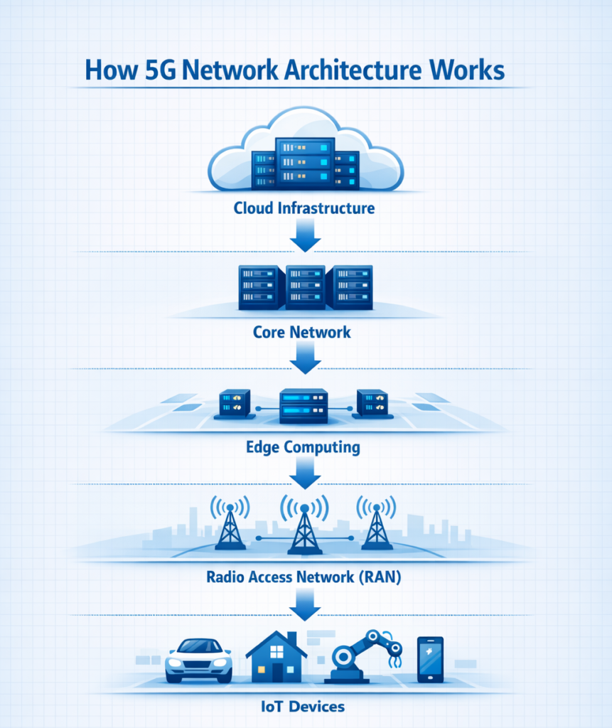 Layered diagram showing 5G core network, edge computing and IoT devices