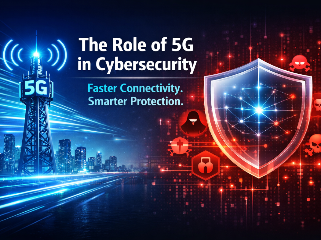 5G network tower with cybersecurity shield protecting digital infrastructure