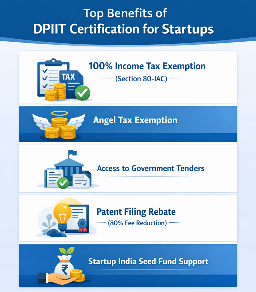 Infographic showing key benefits of DPIIT startup certification in India