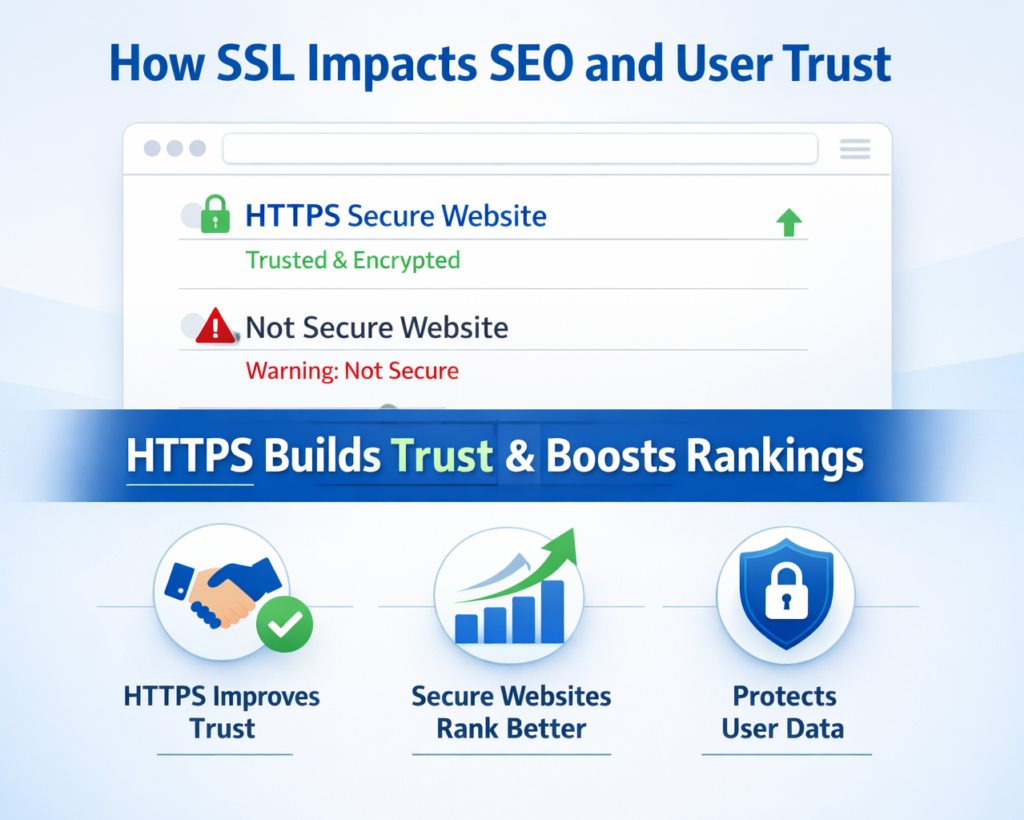SEO infographic showing HTTPS secure website ranking higher in search results