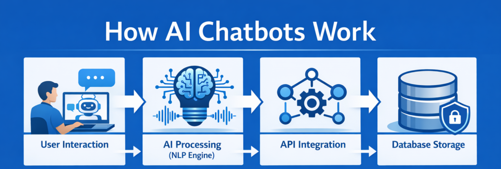Diagram explaining how AI chatbots process messages through NLP engine APIs and databases
