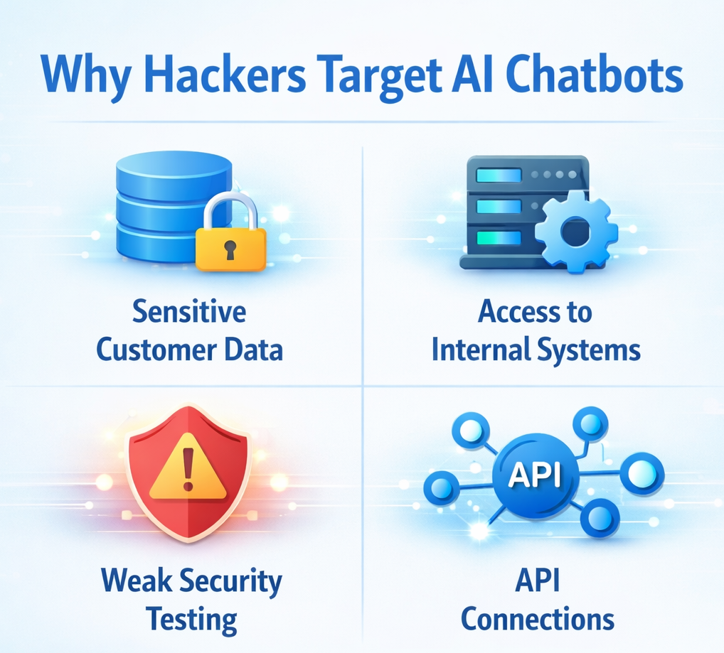 Infographic showing reasons hackers target AI chatbot systems