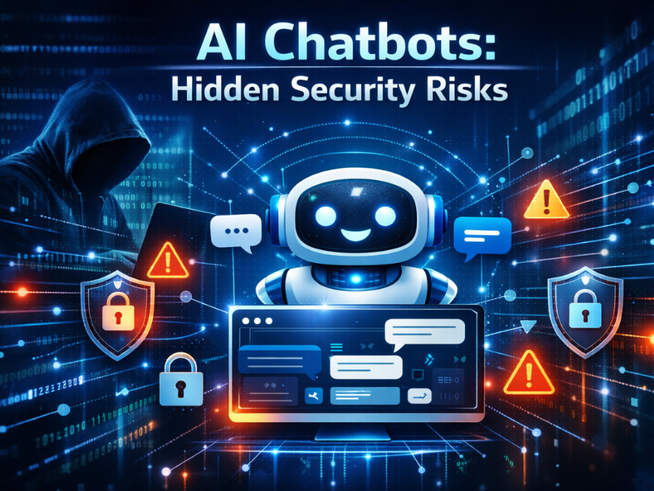 AI chatbot security risks illustration showing hacker accessing chatbot system