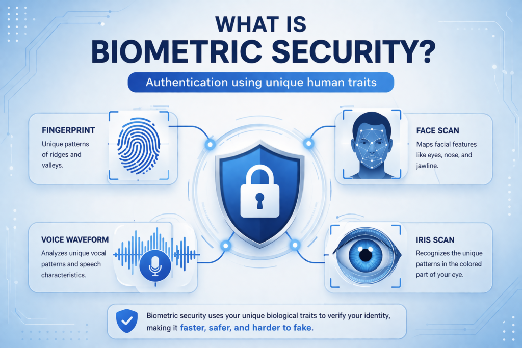 What is biometric security explained with fingerprint face and voice authentication