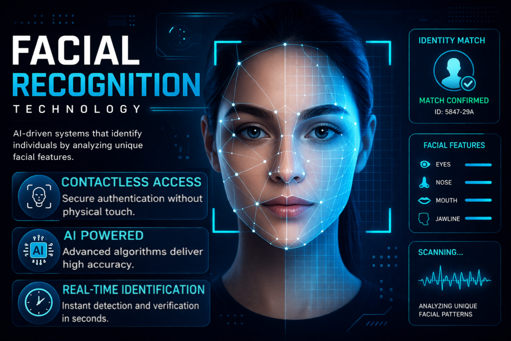 Facial recognition AI biometric security technology illustration