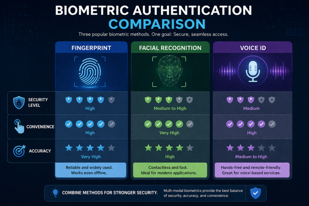 Comparison of fingerprint facial recognition and voice ID biometric security
