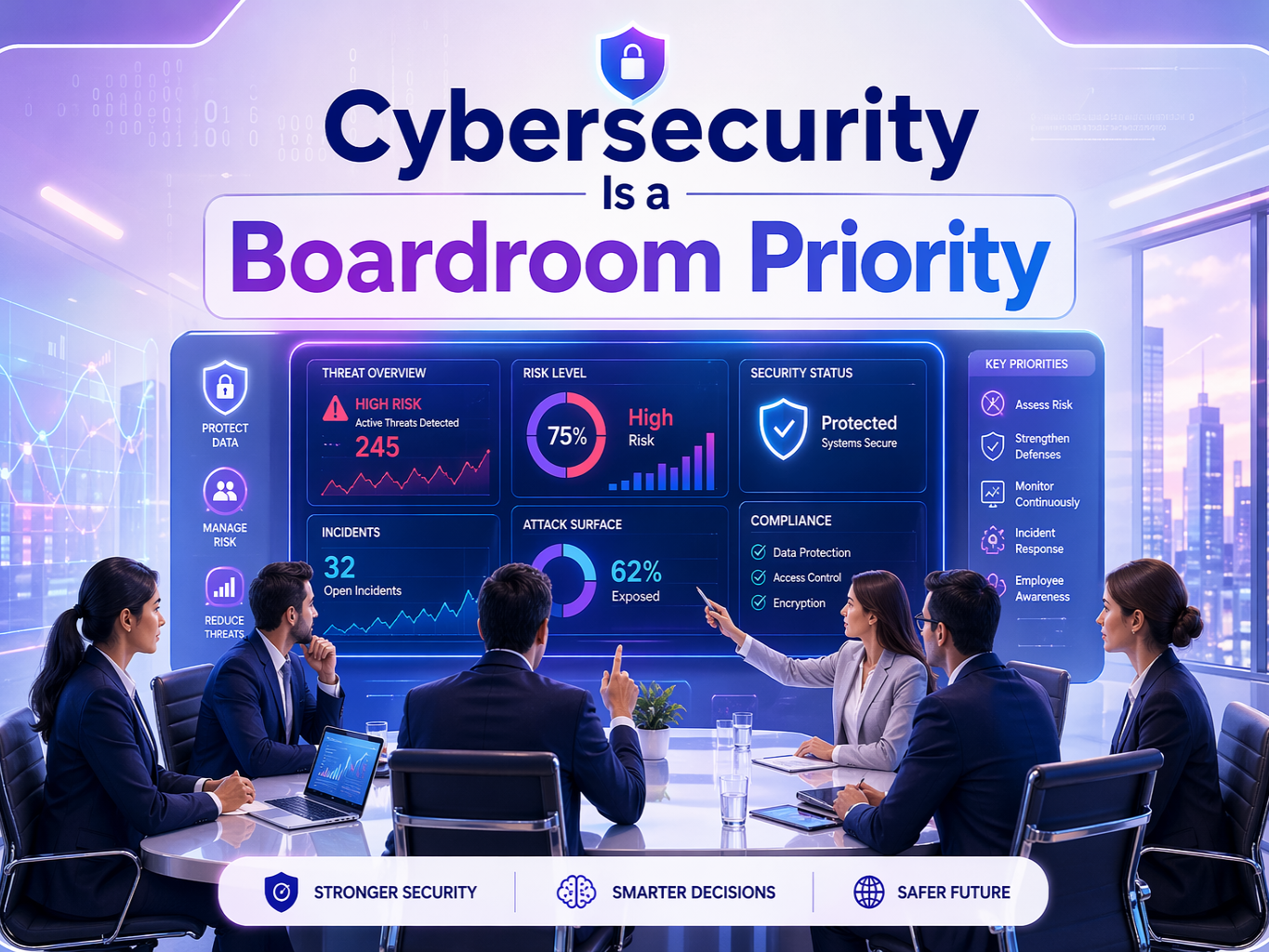 Cybersecurity is a boardroom priority concept with executives analyzing digital threats