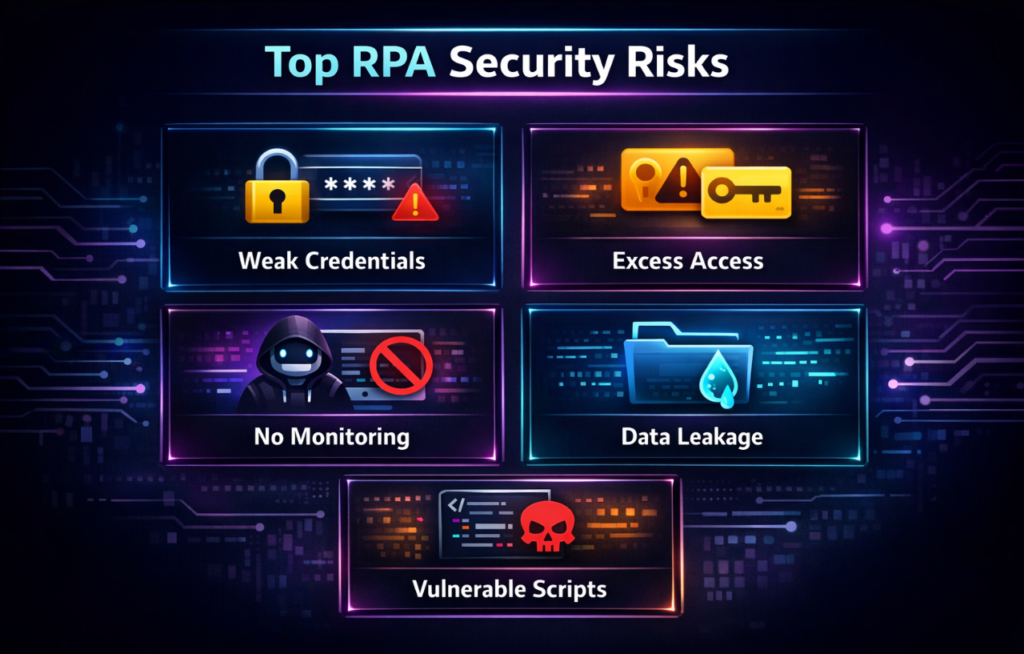 Robotic Process Automation security challenges including credential risks and data vulnerabilities
