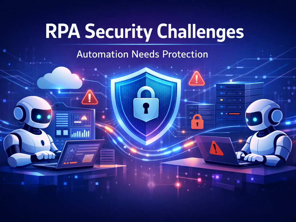 Robotic Process Automation security challenges concept with bots and cybersecurity elements