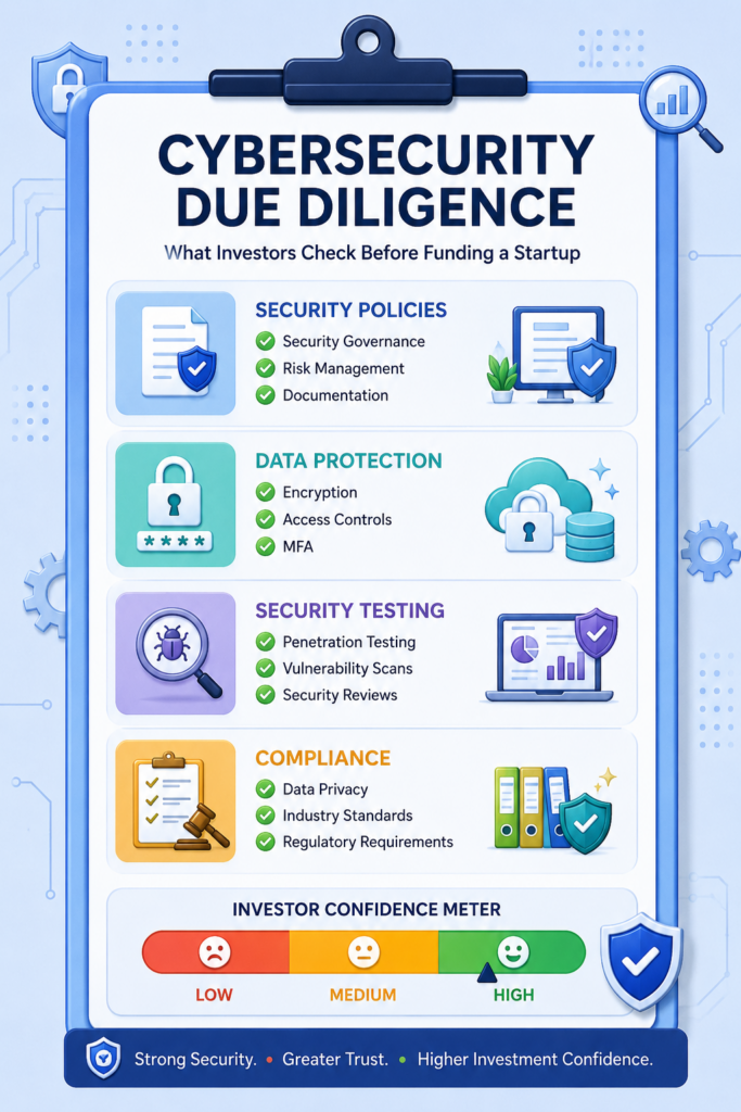 Cybersecurity due diligence checklist used during funding rounds.