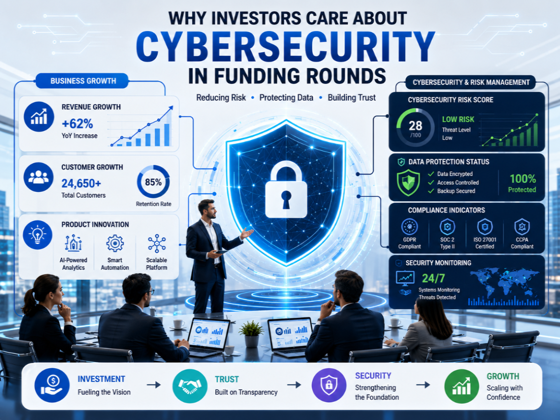 Why investors care about cybersecurity in funding rounds cover illustration showing investors evaluating startup security and growth.