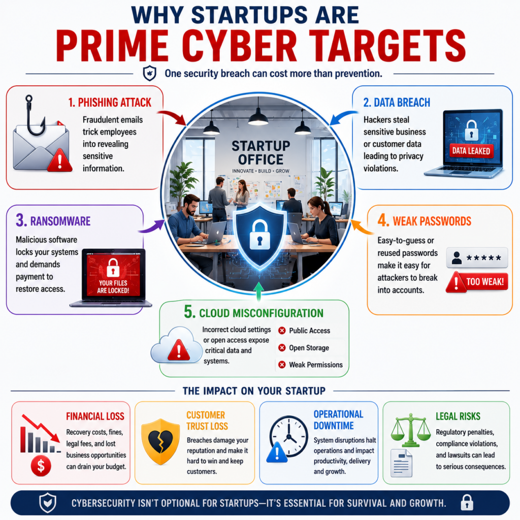 Cybersecurity risks startups face including data breaches phishing and ransomware