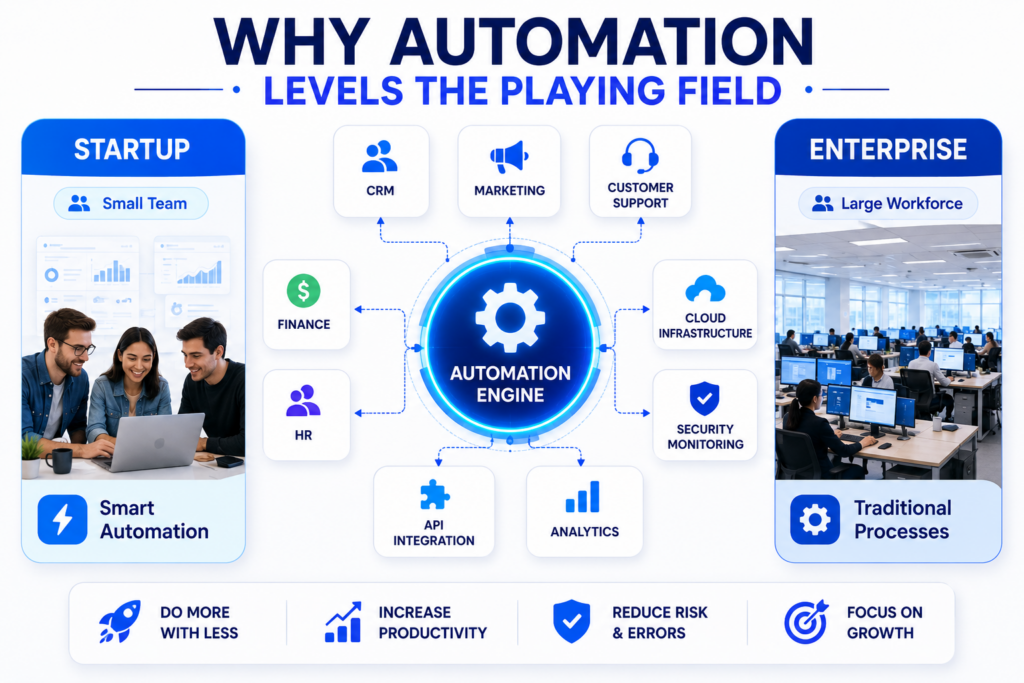 Automation helps startups compete with big enterprises using fewer resources.