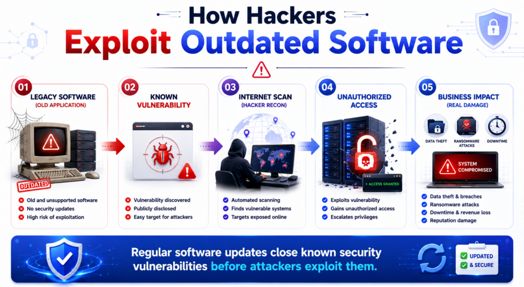 How hackers exploit outdated software vulnerabilities.