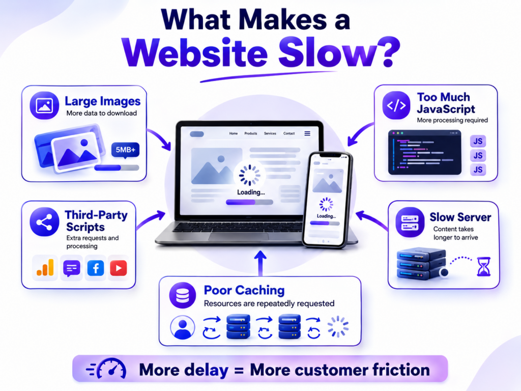 Why customers leave slow websites caused by large images, JavaScript, scripts, servers, and caching